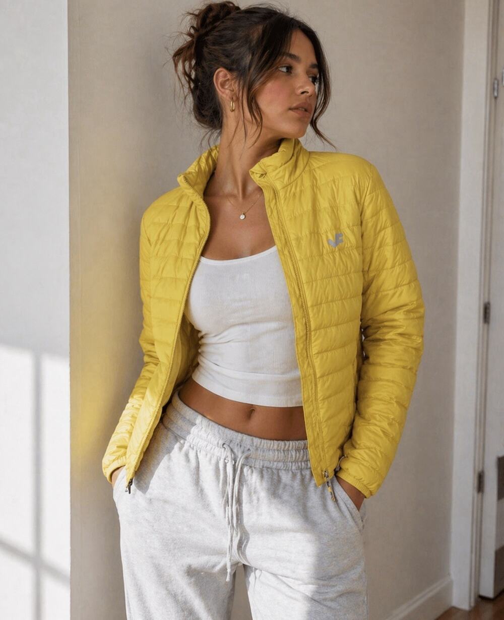 Joe Fresh Y2K Yellow Sz L Primaloft Packable LS Full Zip Pkts Jacket & Bag